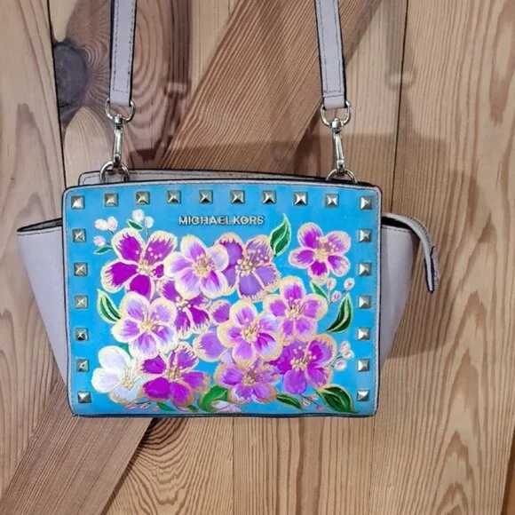 Hand Painted Purse Crossbody Bag Medium Messenger Saffiano Leather Gold Studded - Picture 3 of 15